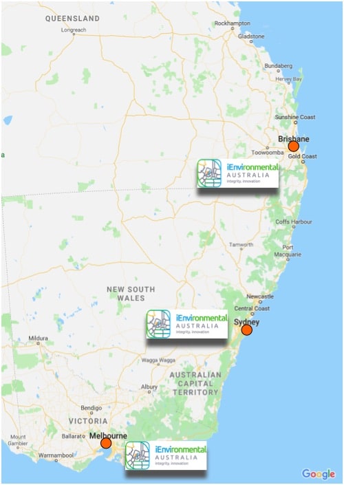 Map of iEnvi office locations across Queensland, New South Wales, Victoria and South Australia