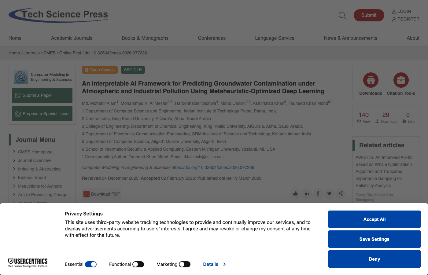 Published paper: An Interpretable AI Framework for Predicting Groundwater Contamination - CMES Journal
