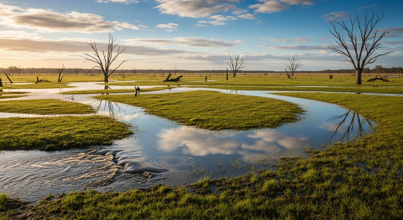 AI-generated supporting image NSW and Commonwealth launch 80,000 ML winter environmental flow to restore 25,000 hectares of Lachlan River floodplains.
