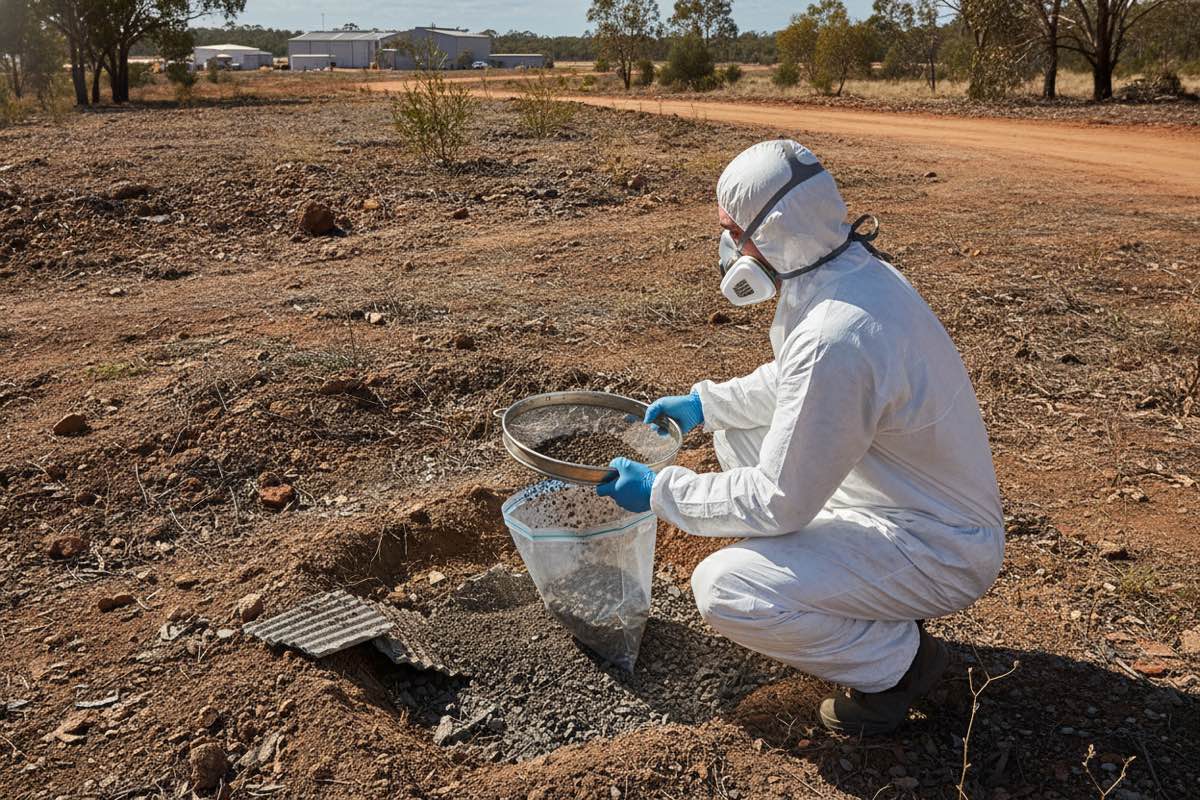 Consultant in coveralls and respirator sieving soil from a test pit with fibre cement fragments