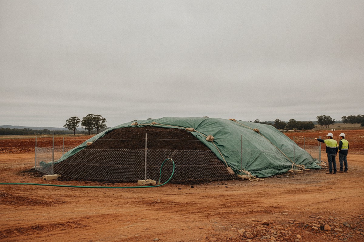 Covered and fenced soil stockpile on a development site with a wetting hose