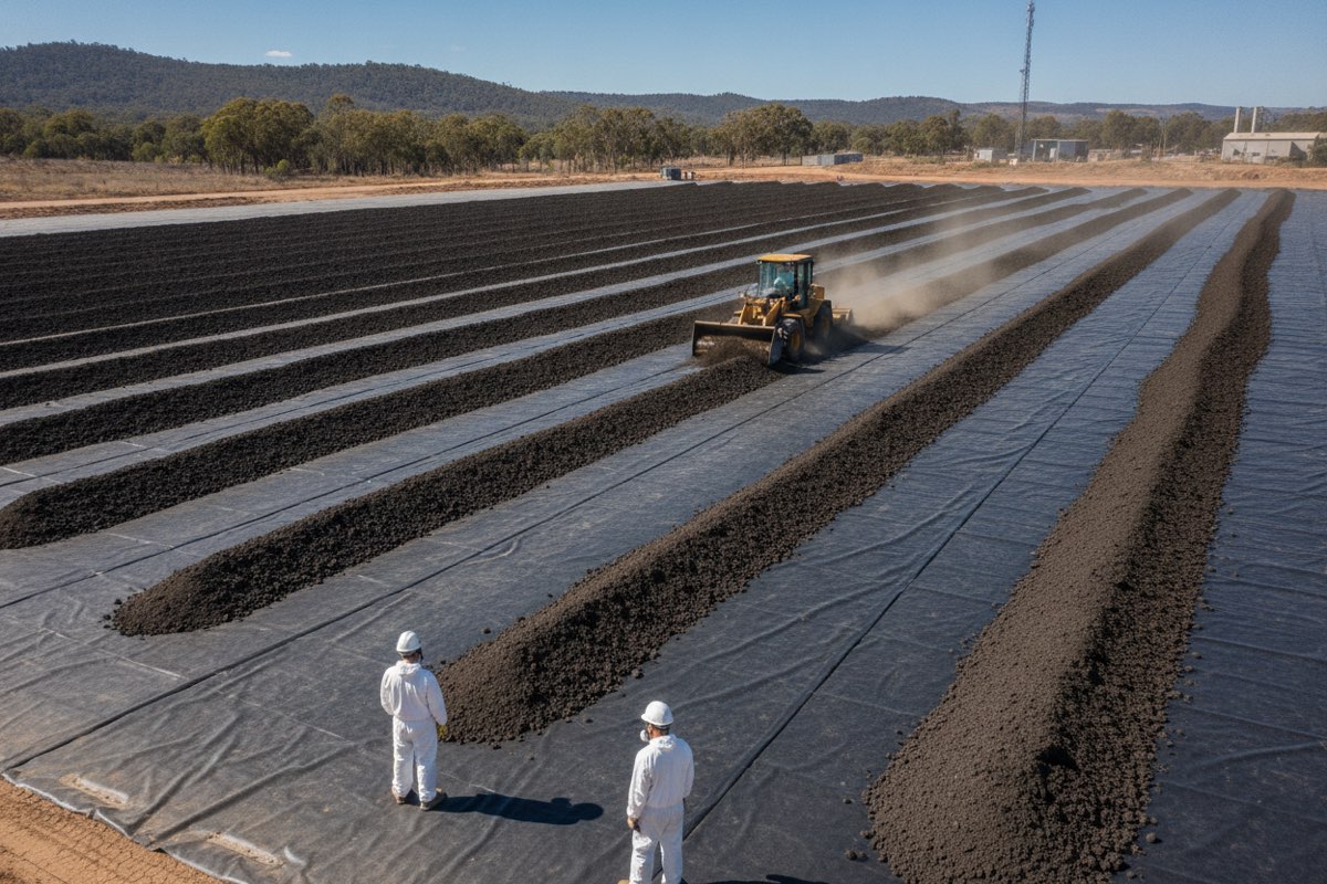 Soil windrows undergoing on-site bioremediation on a lined treatment pad