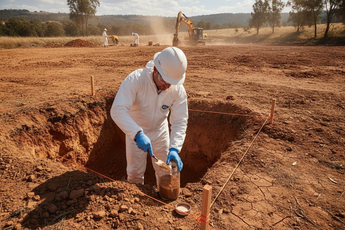 Gloved hand collecting a validation soil sample from the base of an excavation