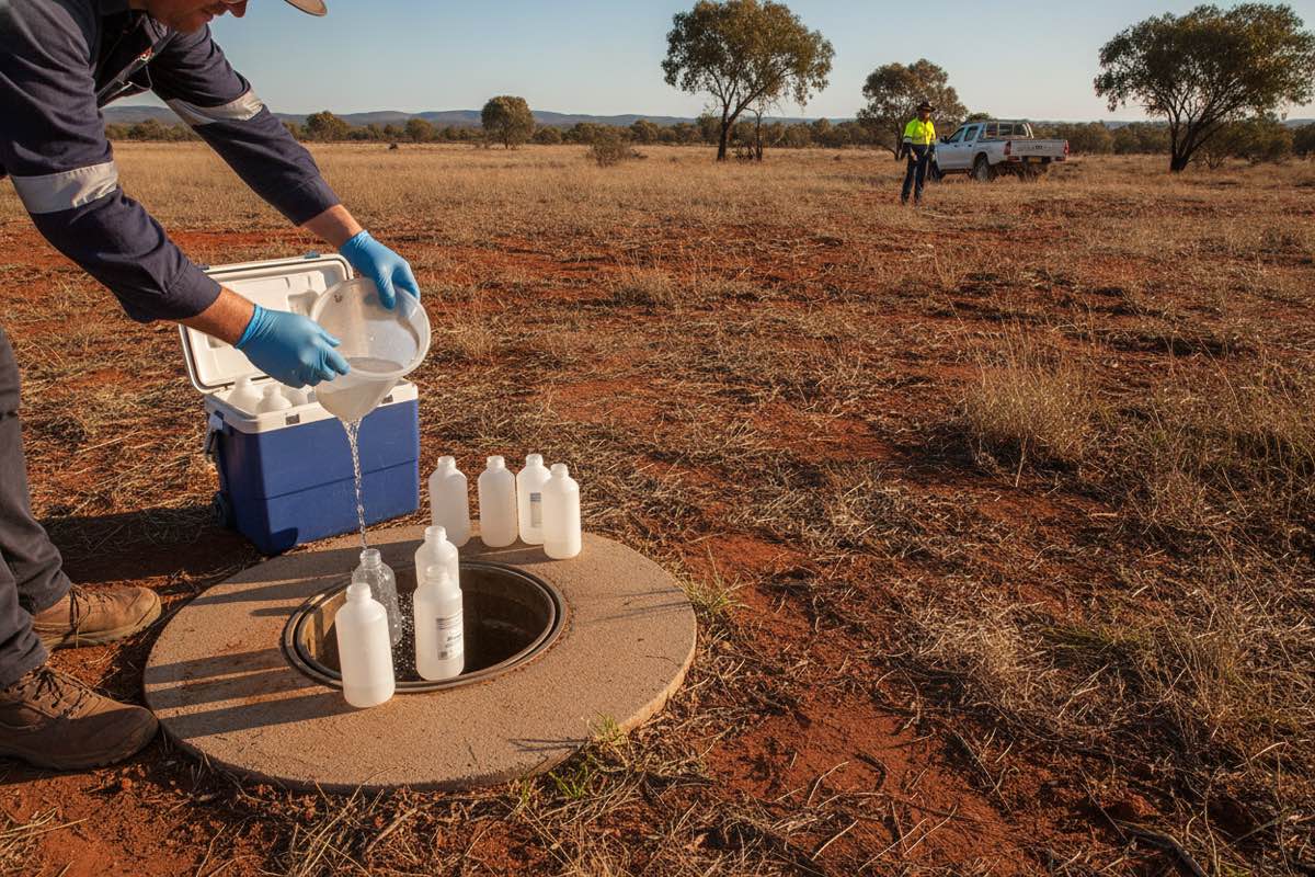 Gloved hands collecting a groundwater sample from a monitoring well with a bailer
