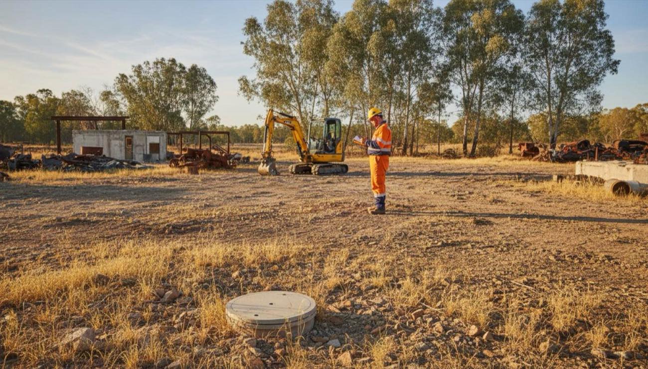 Environmental consultant reviewing site notes beside an excavator at a former industrial yard